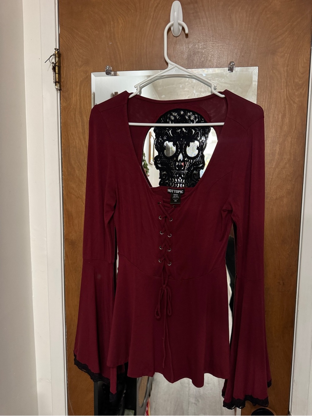 Burgundy Skull Back Bell Sleeve Girls Peplum Top